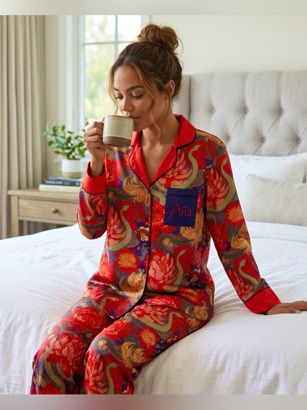 Aria by Averie Two-Piece Red Snake Print Satin Pajama Set Long Pants - Small